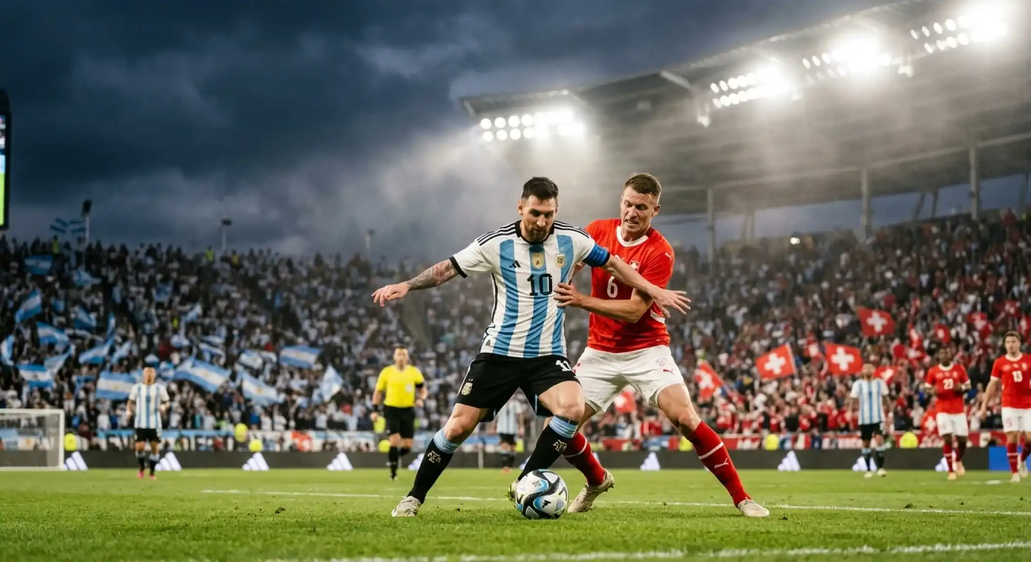 Lionel Messi à la lutte avec un défenseur suisse lors du quart de finale de la Coupe du Monde 2026 à Kansas City