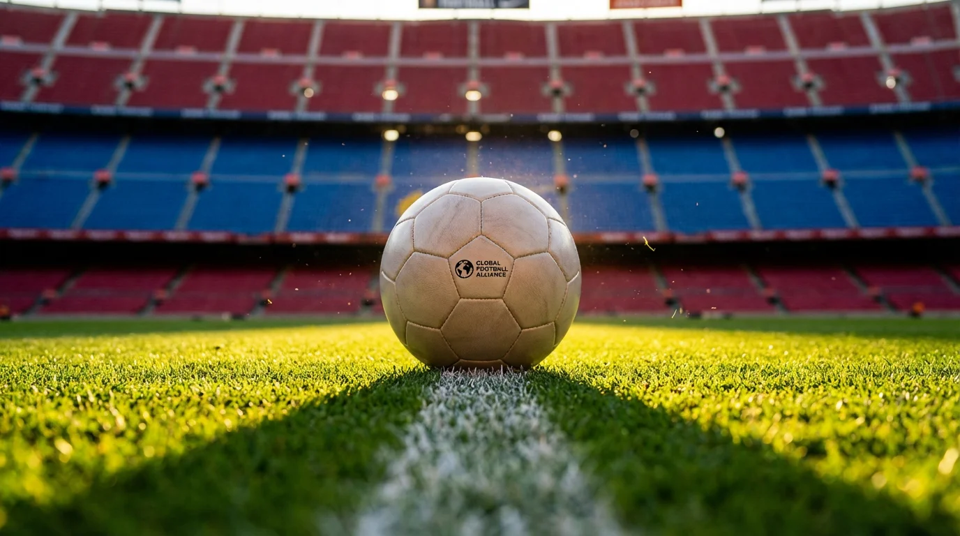 Ballon de football posé sur la pelouse d'un grand stade avant le coup d'envoi