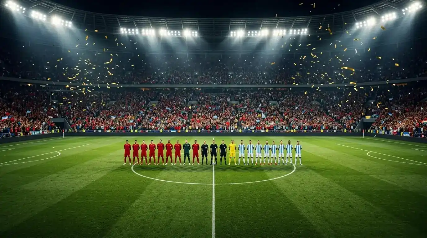 Deux équipes alignées au centre d'un stade plein et illuminé avant la finale, confettis dorés dans l'air