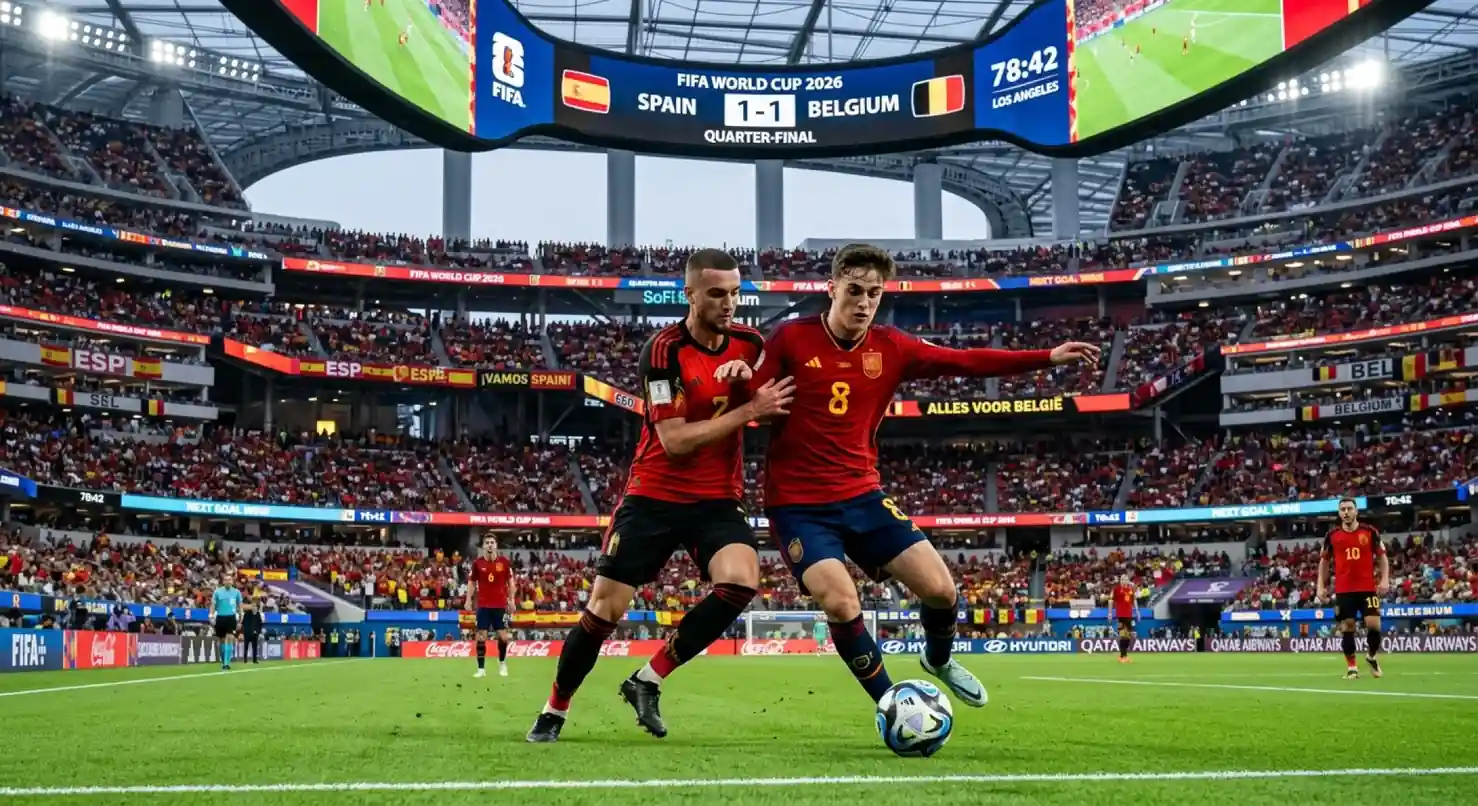 Un joueur de l'Espagne à la lutte avec un joueur de la Belgique lors du quart de finale de la Coupe du Monde 2026 à Los Angeles