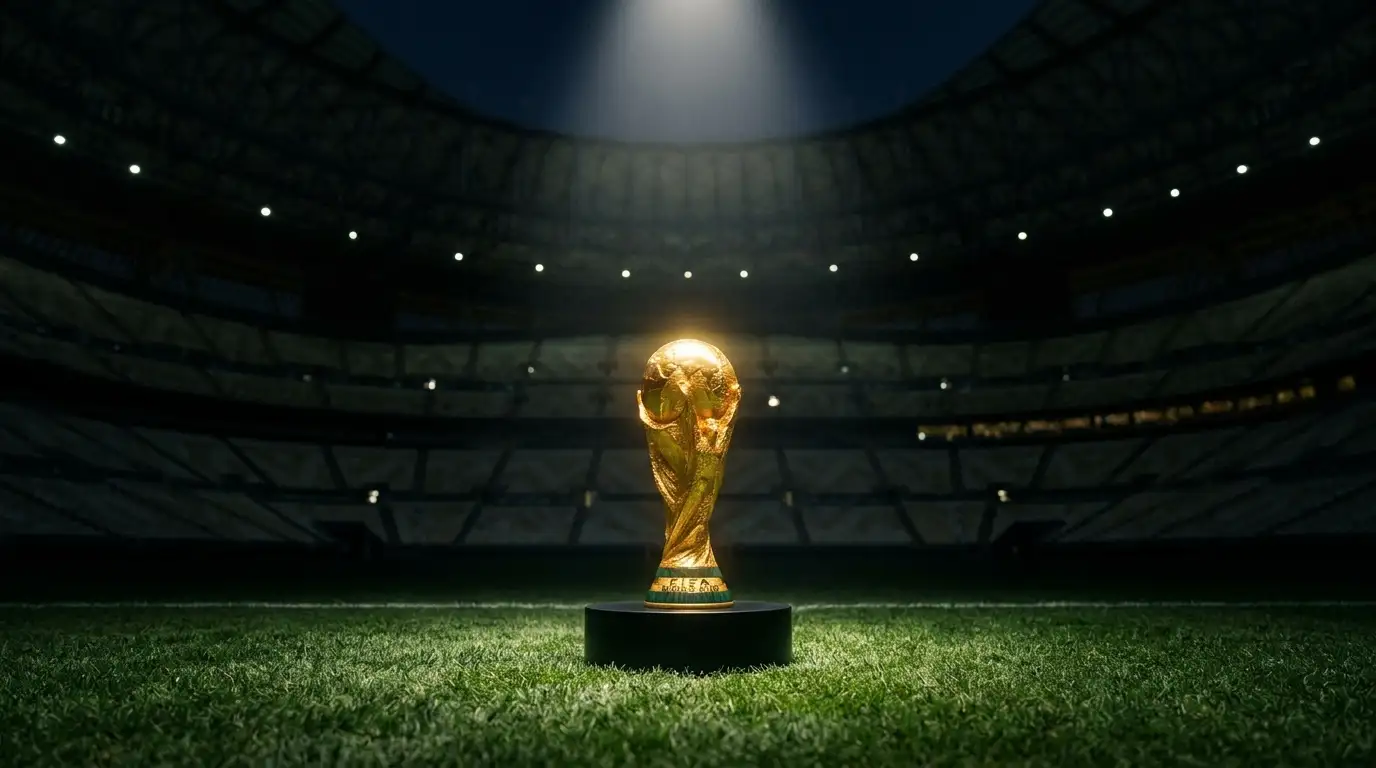 Trophée de la Coupe du Monde éclairé au centre d'un stade sombre, tribunes floues en arrière-plan