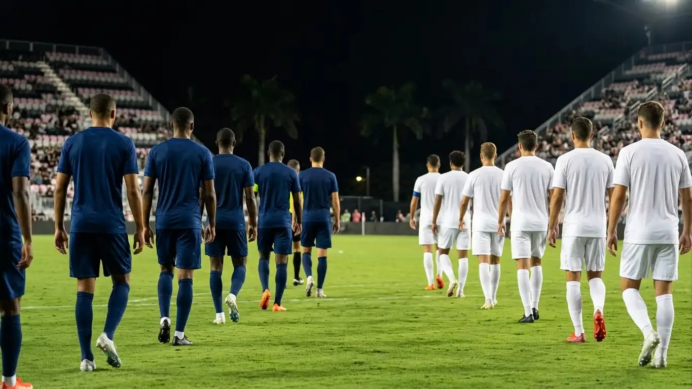 Deux équipes entrent sur une pelouse de stade illuminée le soir à Miami, palmiers flous derrière les tribunes