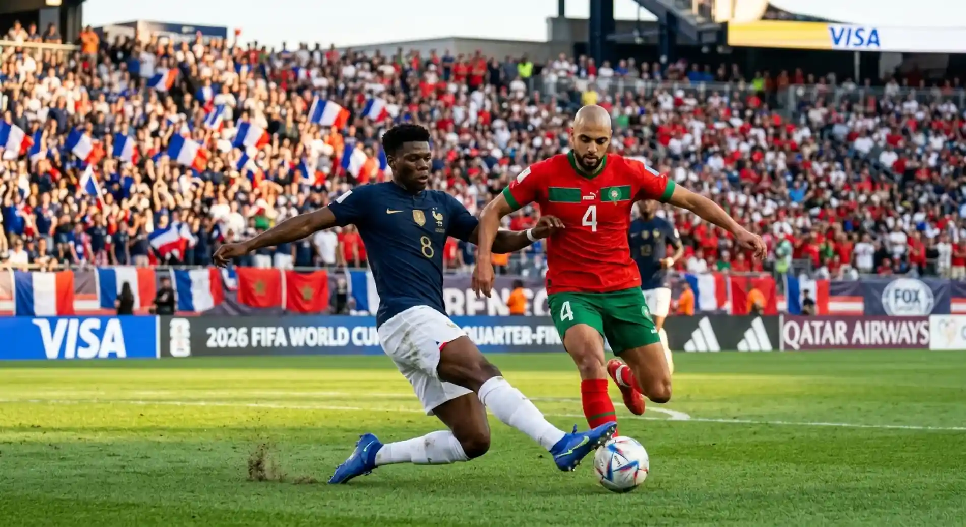 Joueurs de l'équipe de France et du Maroc s'affrontant lors du quart de finale de la Coupe du Monde 2026 au Gillette Stadium de Boston