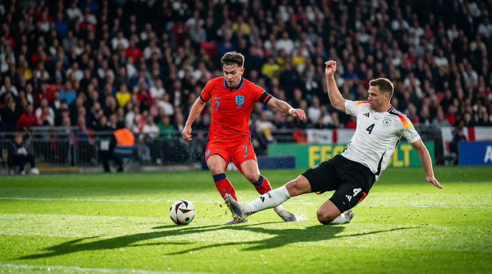 Joueurs de football en action lors d'un match international sur une pelouse impeccable