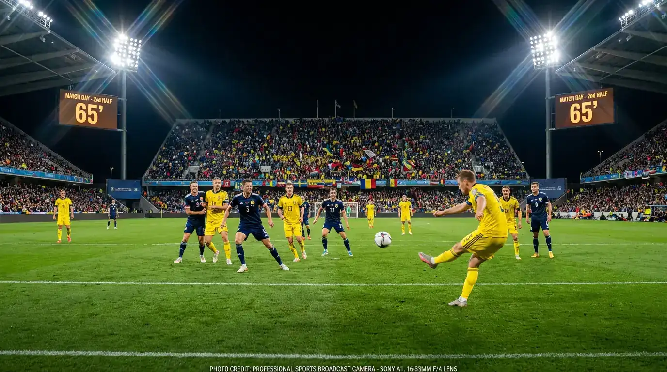 Deux équipes de football s'affrontant lors d'un match international sous les projecteurs du stade