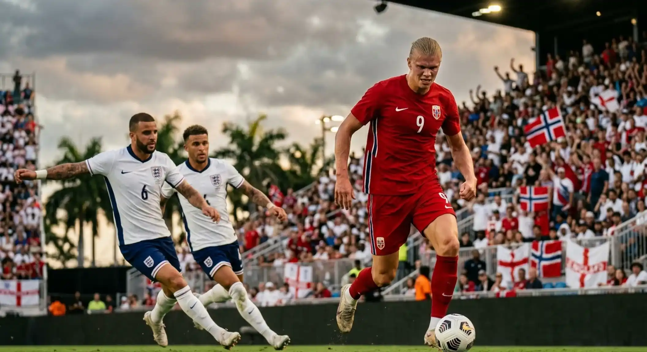 Erling Haaland de la Norvège face à la défense anglaise lors du quart de finale de la Coupe du Monde 2026 à Miami
