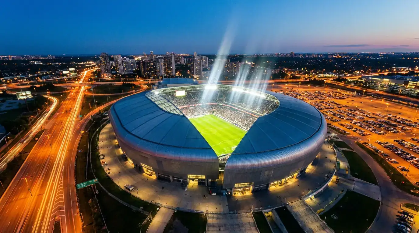 Vue aérienne d'un grand stade nord-américain préparé pour un match de football international