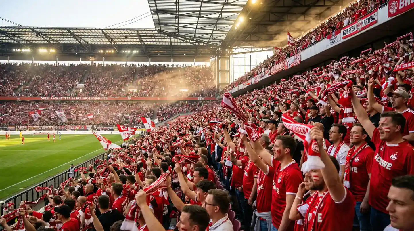 Supporters canadiens portant des maillots rouges dans les tribunes d'un stade de football